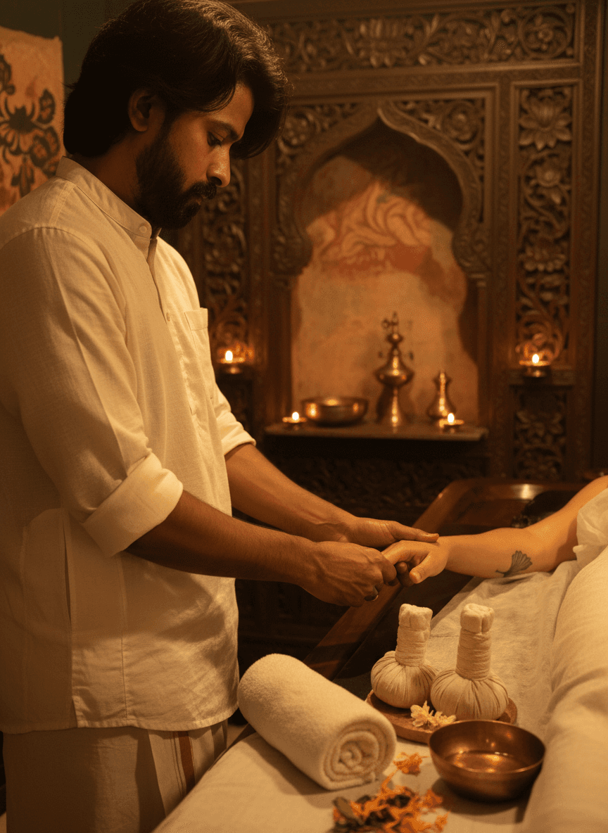 Naveen performing traditional Abhyanga massage with warm oil, candles and temple architecture in the background